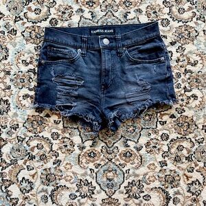 Black Express Jean Shorts with Distressed Hem and High Waist